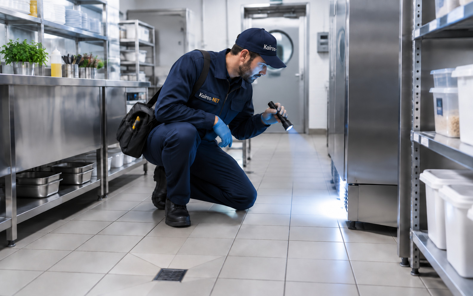 Technicien Kaïros-NET inspectant une cuisine professionnelle
