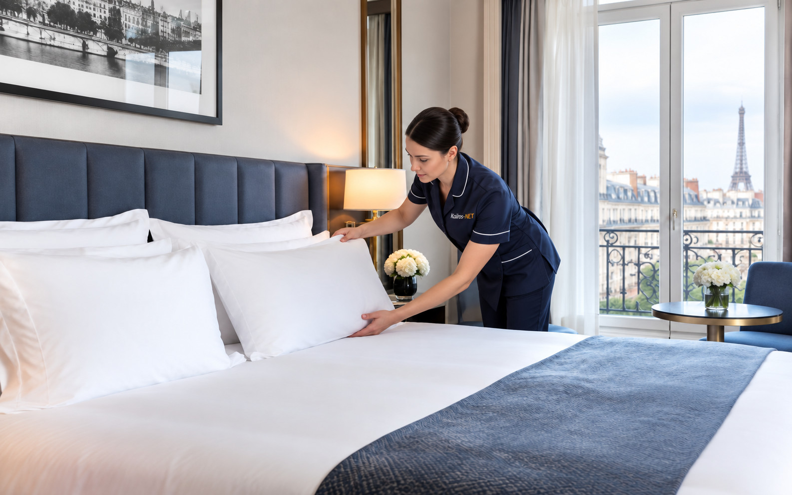 Professionnelle Kaïros-NET préparant une chambre d’hôtel parisienne