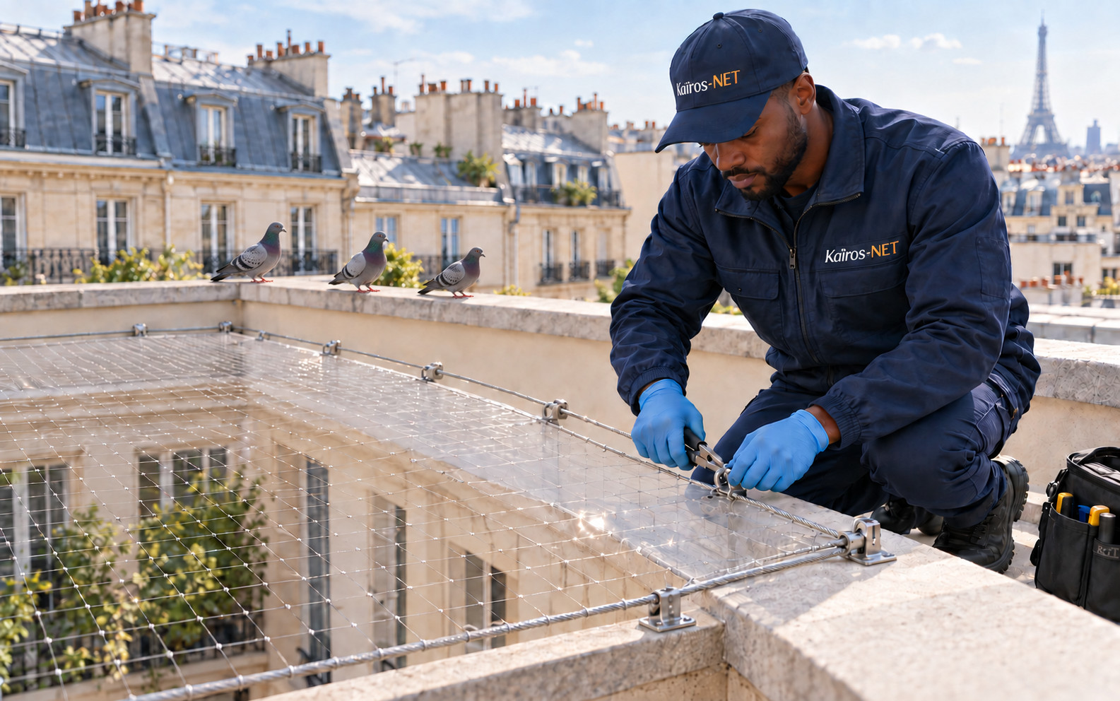 Technicien Kaïros-NET posant un filet anti-pigeons sur un toit parisien