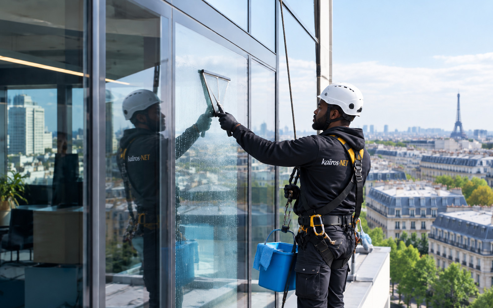 Laveur de vitres Kaïros-NET sur une façade vitrée à Paris